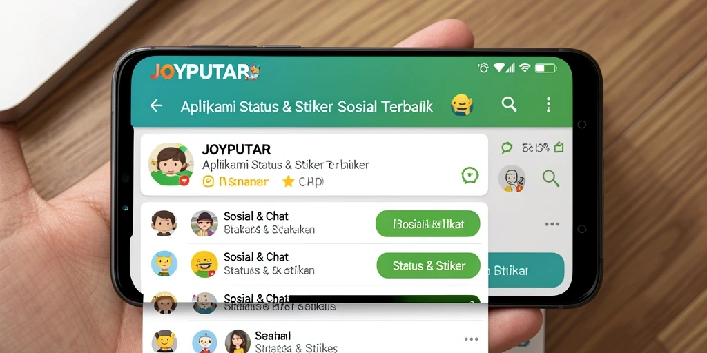 Antarmuka menarik JOYPUTAR menampilkan stiker dan status yang siap digunakan.